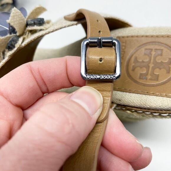 Tory Burch Tan Espadrille High Heel Wedge Sandals w Floral Detail Women's Sz 7.5 - Picture 5 of 11